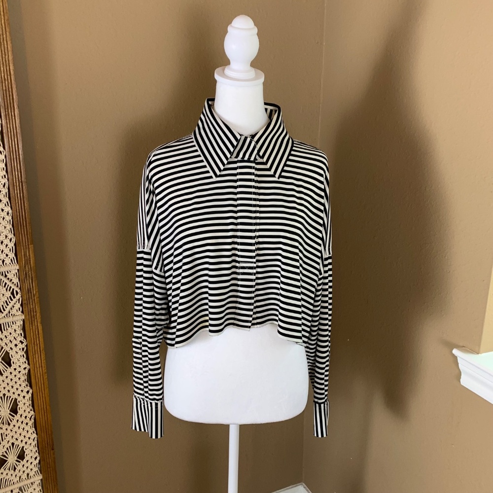 Norma Kamali KamaliKulture Striped Cropped Top‎ XS Black White Long Sleeve Shirt